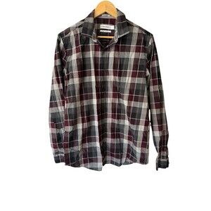 Calvin Klein Liquid Cotton Men’s M Plaid Button Down Shirt Gray Burgundy